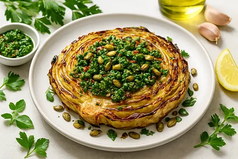 Oven-Baked Cabbage Steak with Chimichurri and Pumpkin Seeds