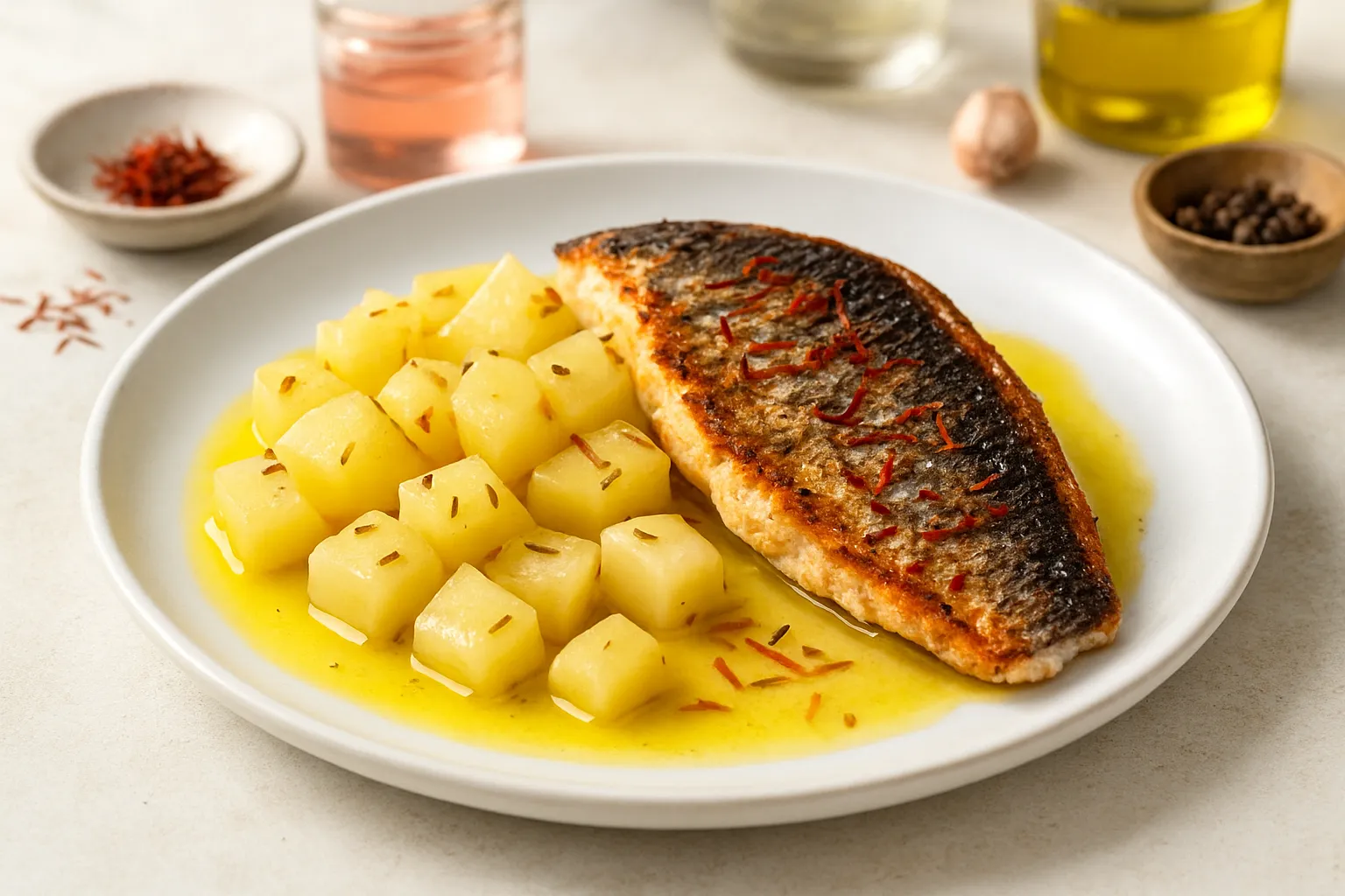 Saffron & Rose Grilled Sea Bream with Braised Kohlrabi