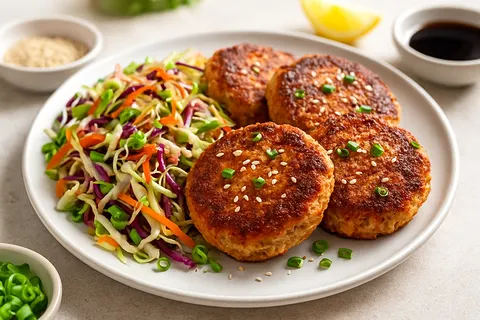 Asian Sesame Salmon Cakes with Cabbage Slaw
