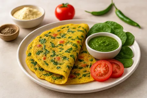 Savory Besan Chilla with Spinach, Tomato & Green Chutney
