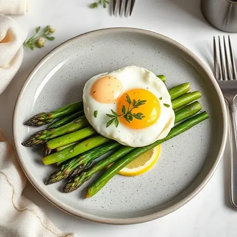 Poached Eggs over Sautéed Asparagus with Lemon