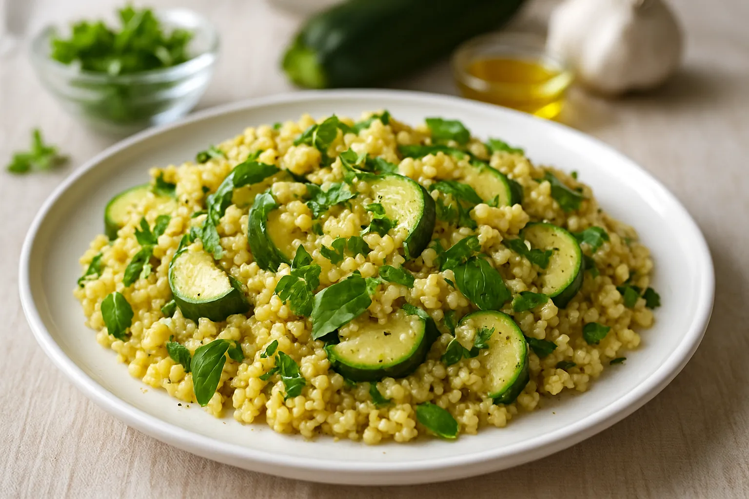 Warm Millet Risotto-style with Fresh Herbs and Zucchini
