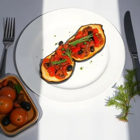 Mediterranean Roasted Red Pepper Tapenade on Eggplant Slices