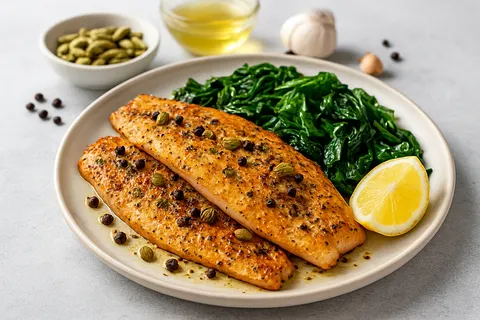 Mughal-Inspired Green Cardamom & Black Pepper Baked Trout with Sautéed Spinach