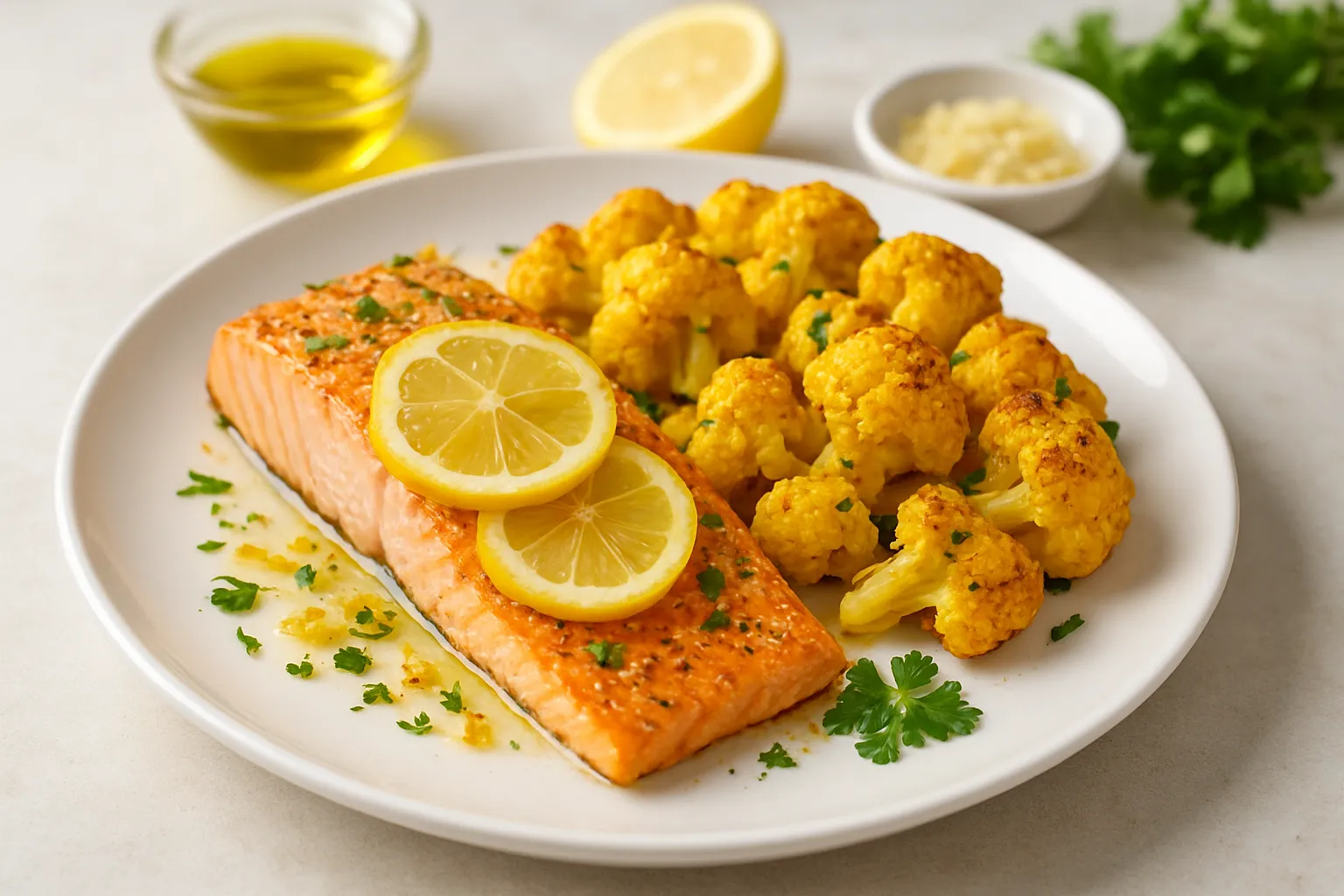 Lemon-Garlic Salmon with Turmeric Roasted Cauliflower