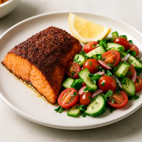 Sumac-Roasted Salmon with Cucumber-Tomato Salad