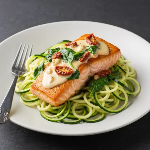 Creamy Tuscan Salmon with Zucchini Noodles