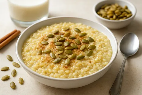 Millet Breakfast Porridge with Toasted Pumpkin Seeds and Cinnamon