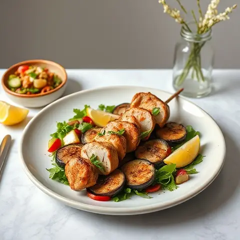 Rosewater-Lemon Turkey Skewers with Charred Eggplant Salad