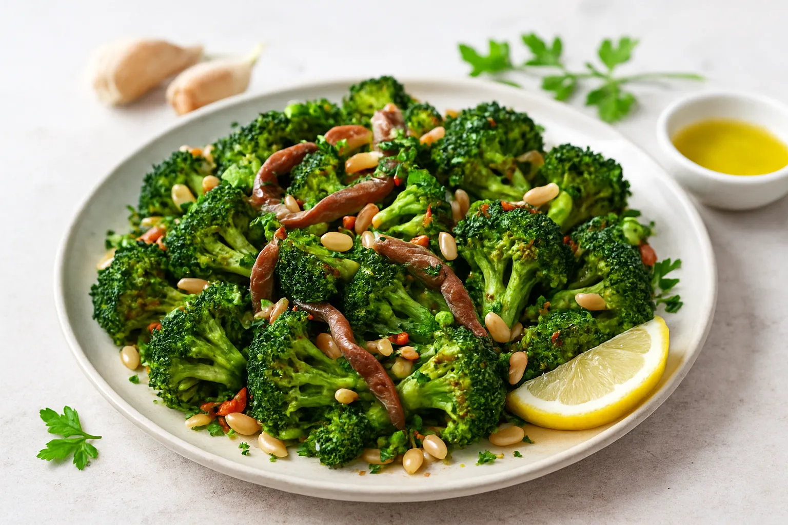 Roasted Broccoli, Anchovy & Pine Nut Salad