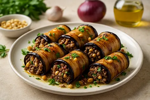Eggplant Roll-Ups Stuffed with Lamb and Pine Nuts