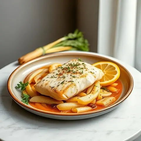 Cardamom-Bay Poached Cod with Braised Fennel & Lemon