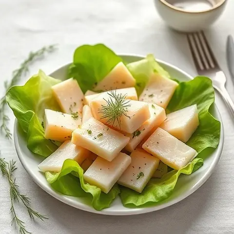 Poached White Fish Flake Salad with Lettuce and Dill