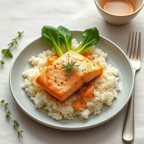 Coconut Curry Salmon with Bok Choy and Cauliflower Rice