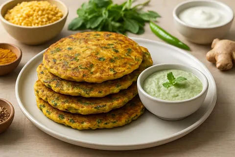 Spiced Methi & Moong Dal Savory Pancakes with Coconut-Mint Chutney