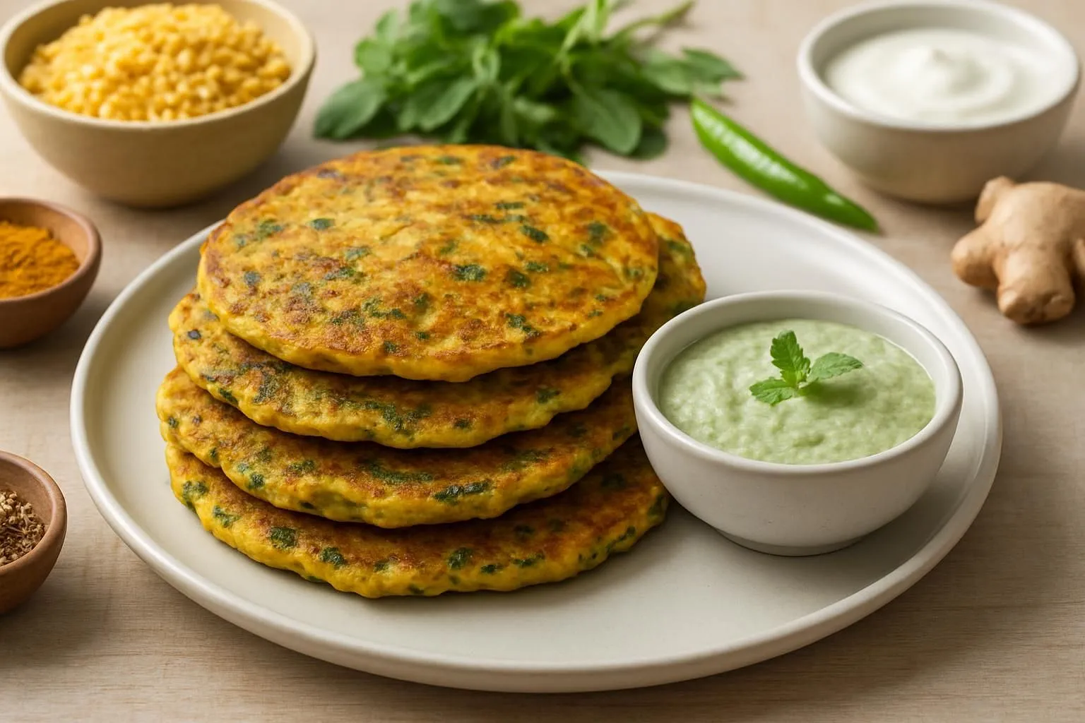 Spiced Methi & Moong Dal Savory Pancakes with Coconut-Mint Chutney