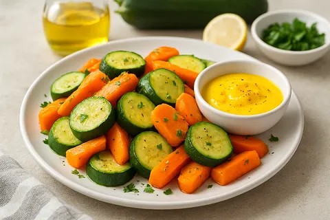 Steamed Zucchini & Carrot Medley with Soft Egg Yolk Dip