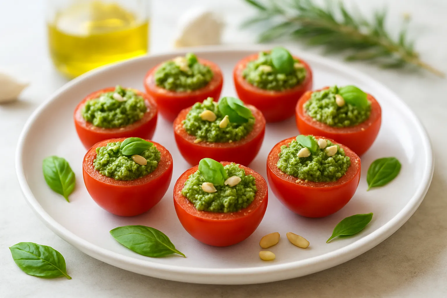 Rosemary Garlic Roasted Almond-Free Pesto Stuffed Cherry Tomatoes
