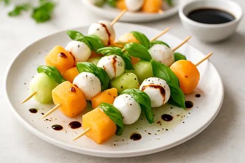 Prosciutto-Free Melon & Mozzarella Skewers