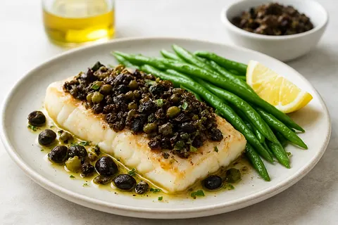 Baked Cod with Olive Tapenade and Steamed Green Beans