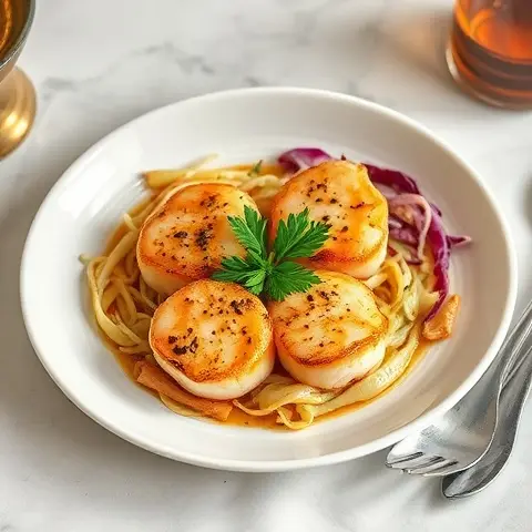 Curry Leaf Scented Seared Scallops with Cabbage Slaw