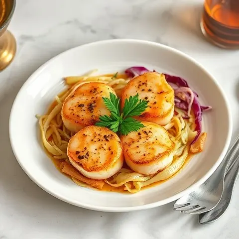 Curry Leaf Scented Seared Scallops with Cabbage Slaw