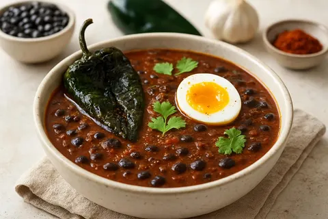 Smoky Chipotle Black Bean Soup with Roasted Poblano and Soft-Boiled Egg