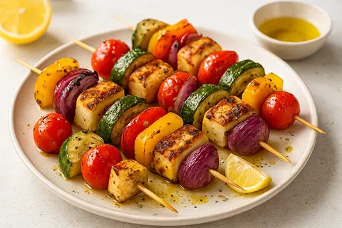Grilled Halloumi-Style Vegetable Skewers with Olive Oil