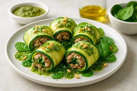 Turkey and Zucchini Roll-Ups with Pesto and Baby Spinach