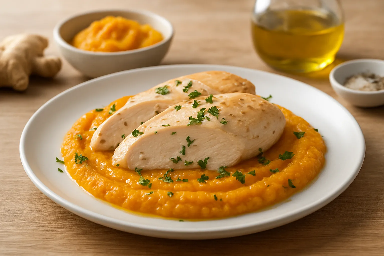 Poached Chicken with Warm Pumpkin-Ginger Purée