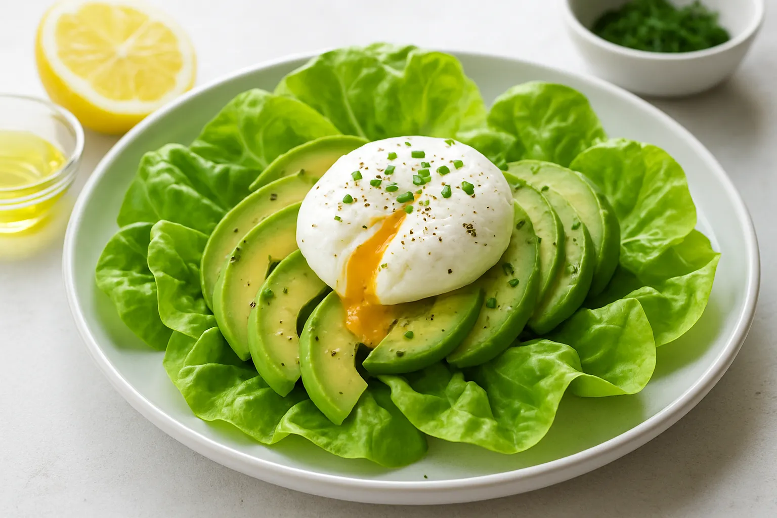 Simple Avocado & Poached Egg Salad on Butter Lettuce