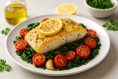 Lemon-Tomato Baked Cod with Spinach
