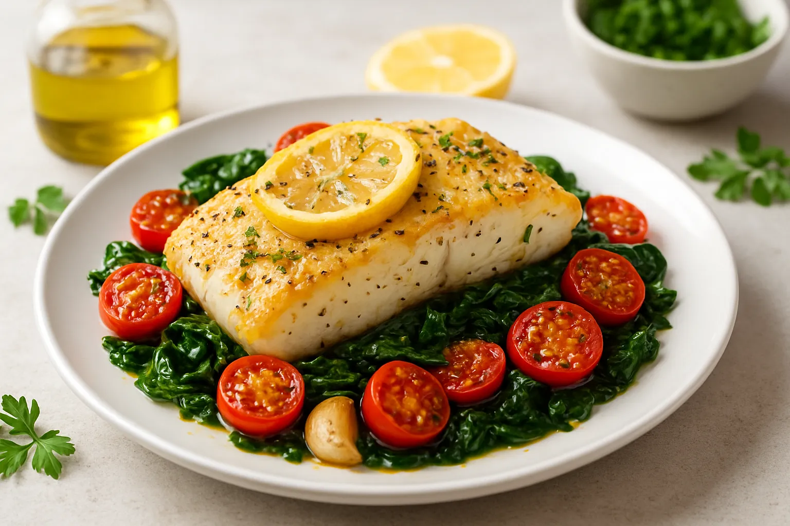 Lemon-Tomato Baked Cod with Spinach