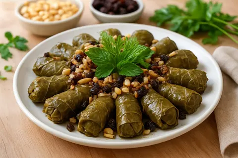 İzmir Usulü Zeytinyağlı Yaprak Sarma with Currants and Pine Nuts