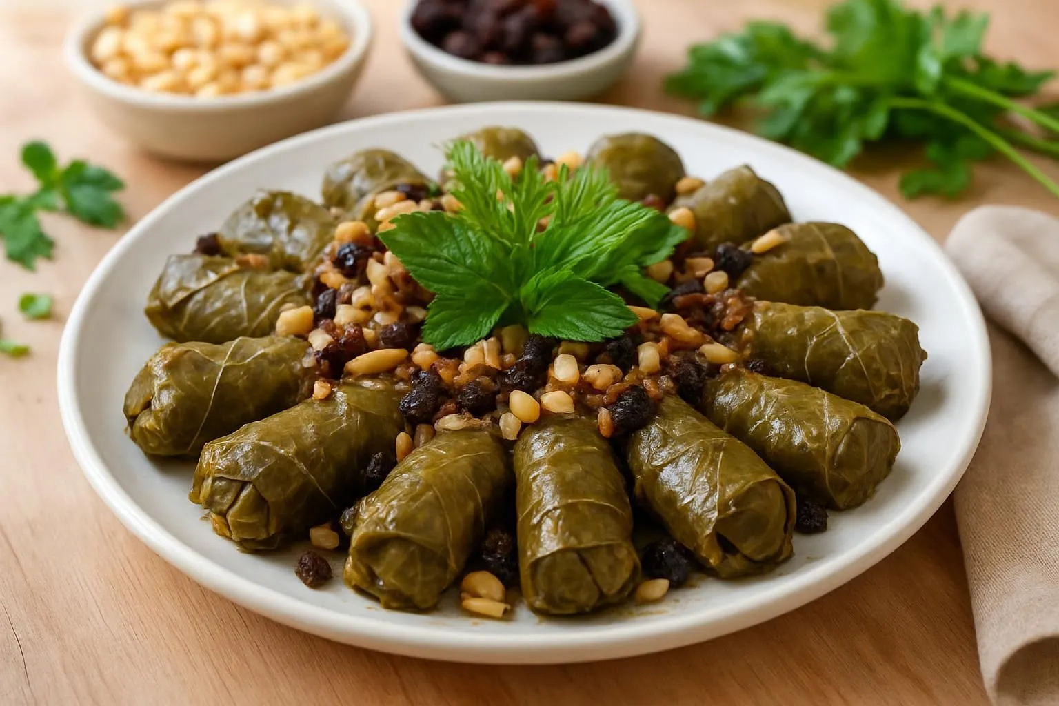 İzmir Usulü Zeytinyağlı Yaprak Sarma with Currants and Pine Nuts