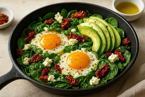 Mediterranean Egg & Avocado Breakfast Skillet with Feta and Sun-Dried Tomatoes