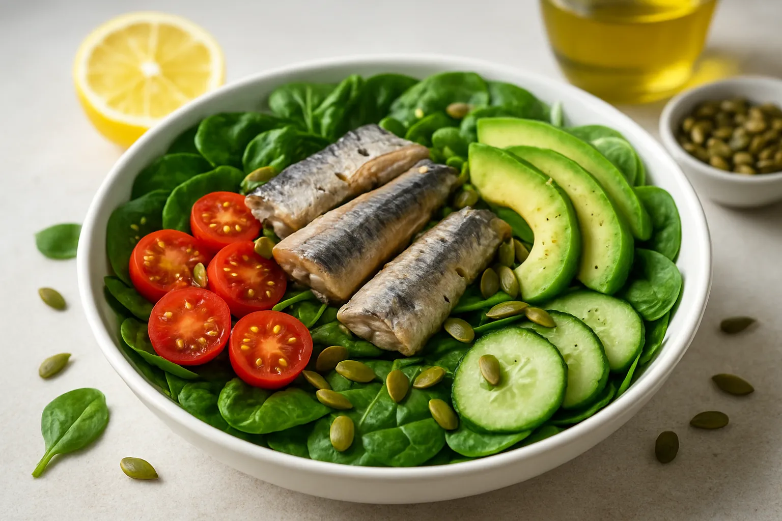 Sardine, Avocado & Pumpkin Seed Spinach Bowl