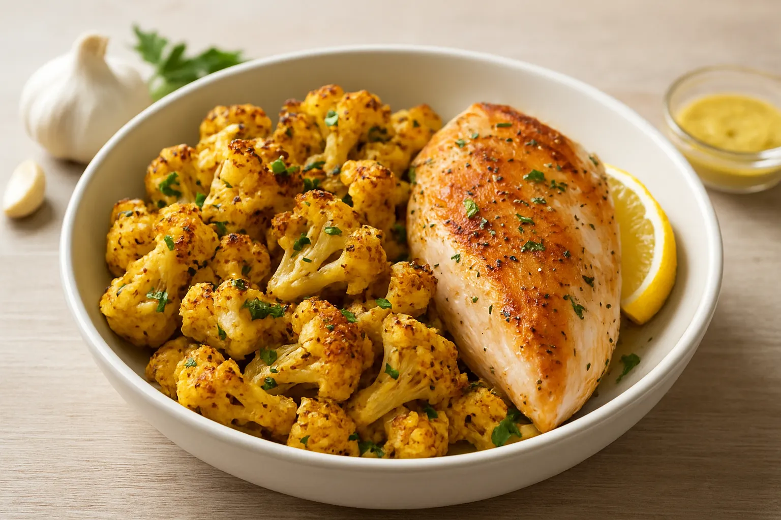 Mustard-Garlic Roasted Cauliflower and Seared Chicken Breast Bowl