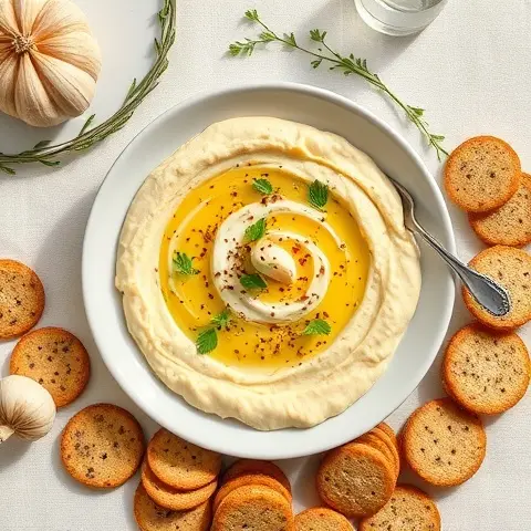 Roasted Garlic-Lemon Cauliflower Hummus with Seed Crackers