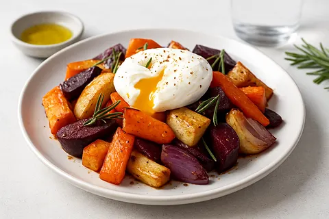 Roasted Root Vegetable Medley with Fresh Rosemary and Poached Egg