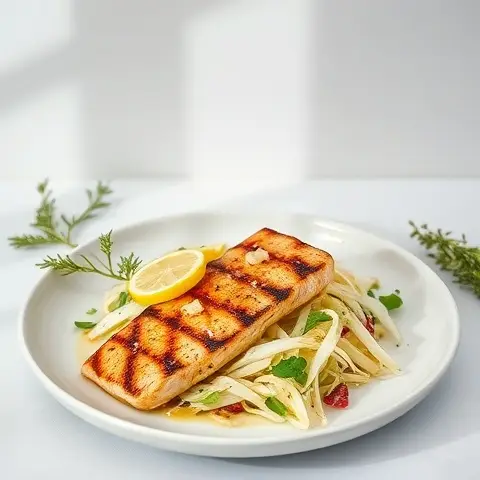 Lemon-Garlic-Infused Grilled Swordfish with Fennel Slaw