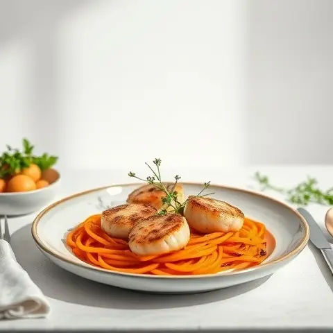 Cardamom & Star Anise Seared Scallops with Warm Carrot Ribbons