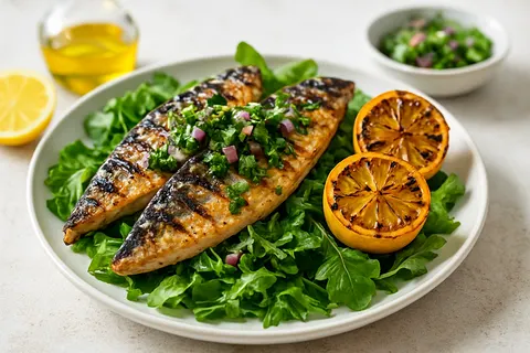 Grilled Mackerel with Charred Lemon and Herb Salsa over Greens
