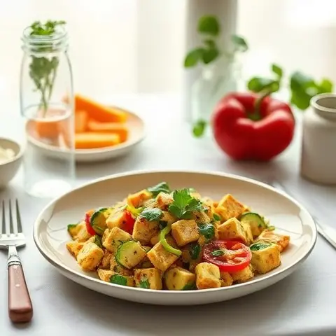 Firm Tofu Scramble with Zucchini and Red Bell Pepper (Vegan; Low-FODMAP; Sugar-Free)