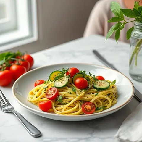 Zucchini ‘Pasta’ with Seed Pesto and Cherry Tomatoes
