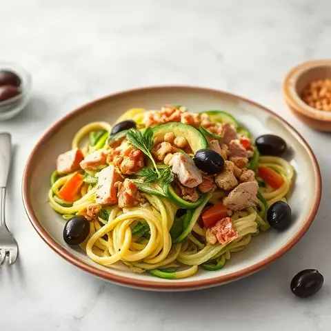 Tuna and Avocado Zoodle Salad with Olives
