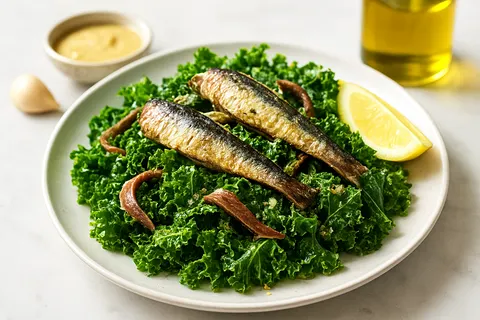 Sardine & Kale Caesar Salad with Lemon-Anchovy Dressing