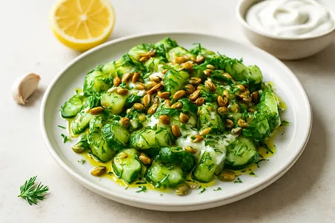 Smashed Cucumber-Garlic Coconut Yogurt with Toasted Seeds