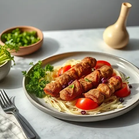 Saffron-Mace Turkey Kebabs with Warm Turnip Slaw