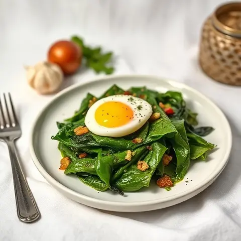 Sautéed Swiss Chard with Garlic and Poached Egg